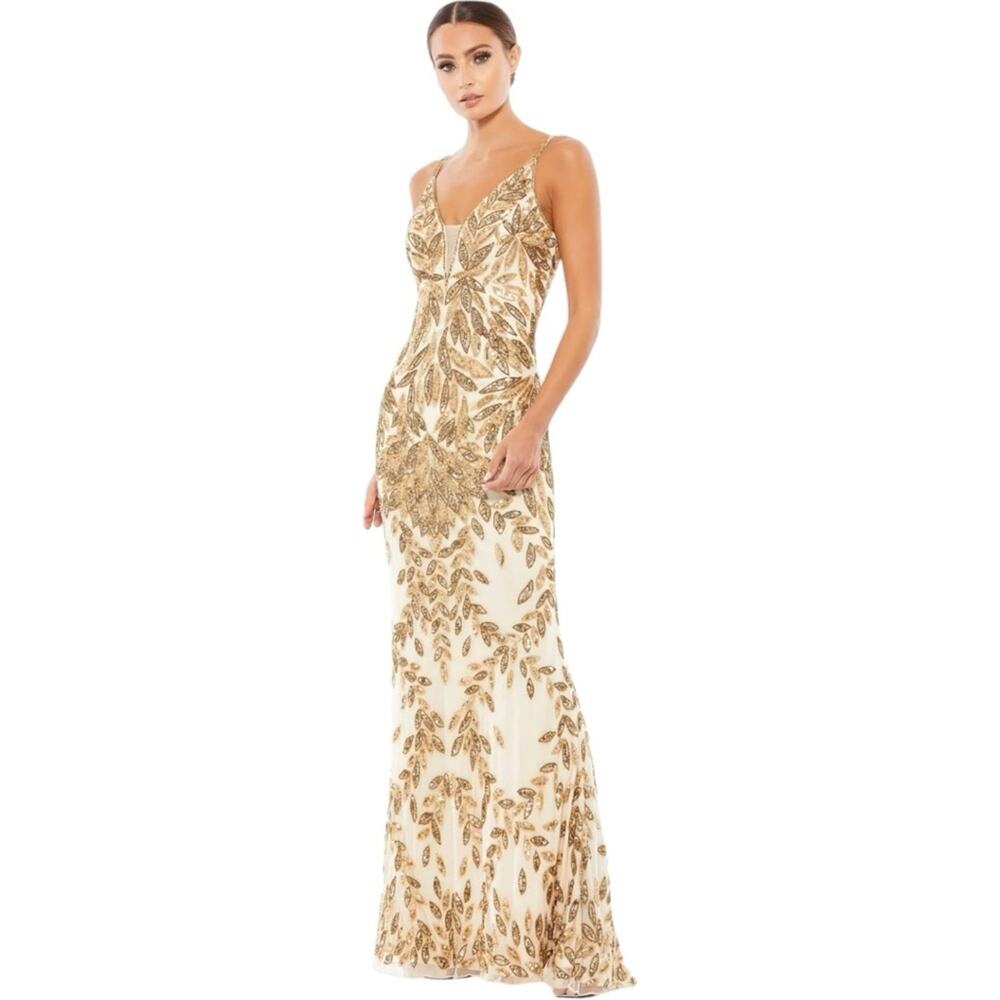 Mac Duggal Hand Embellished Sleeveless Evening Gown Nude Gold Size 10 #5107 NWT